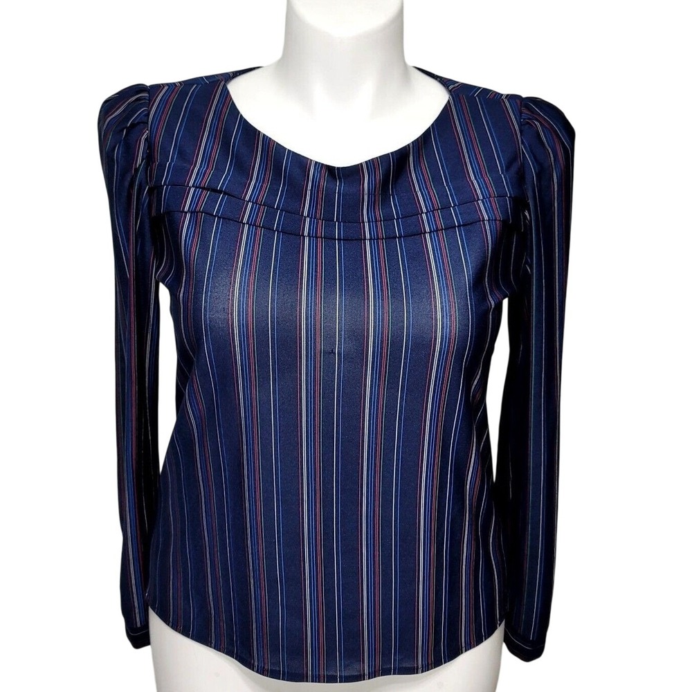 Sally Petite Vintage 70s 80s Navy Striped Draped Neck Blouse Size L USA Eclectic